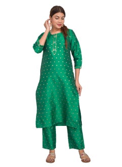 ريارا طقم كورتي نسائي باللون الأخضر الفاتح مع بنطلون بأكمام 3/4 مناسب للارتداء غير الرسمي من الحرير الفني (التفتا) مقاس M  - Image 2