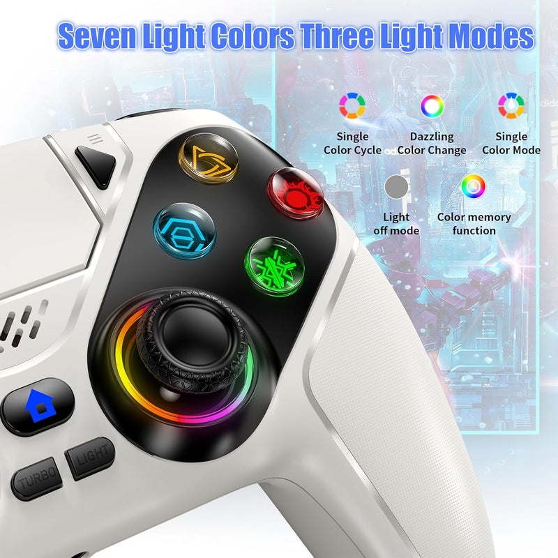 Gamrombo جهاز تحكم لاسلكي من بتقنية LED لجهاز PS5، متوافق مع PS5 Pro/Slim/PC، يدعم الاهتزاز المزدوج، ويحتوي على وظائف "Macro" و"Turbo"، ومنفذ صوتي بحجم 3.5 مم، ووحدة تحكم بستة محاور مزودة بمكبر صوت (لون أبيض). - Image 4