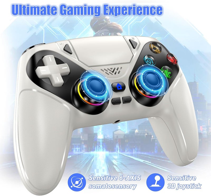 Gamrombo جهاز تحكم لاسلكي من بتقنية LED لجهاز PS5، متوافق مع PS5 Pro/Slim/PC، يدعم الاهتزاز المزدوج، ويحتوي على وظائف "Macro" و"Turbo"، ومنفذ صوتي بحجم 3.5 مم، ووحدة تحكم بستة محاور مزودة بمكبر صوت (لون أبيض). - Image 5