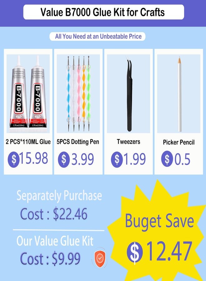 FITTDYHE B7000 Adhesive Rhinestones Glue for Crafts, 2PCS 110ml / 3.7 fl oz with 5 Dotting Pen Tool, Wax Pencil and Tweezer, Jewelry Glue for DIY Craft, Makeup, Shoes, Jewelry Making, Nail Art - Image 2
