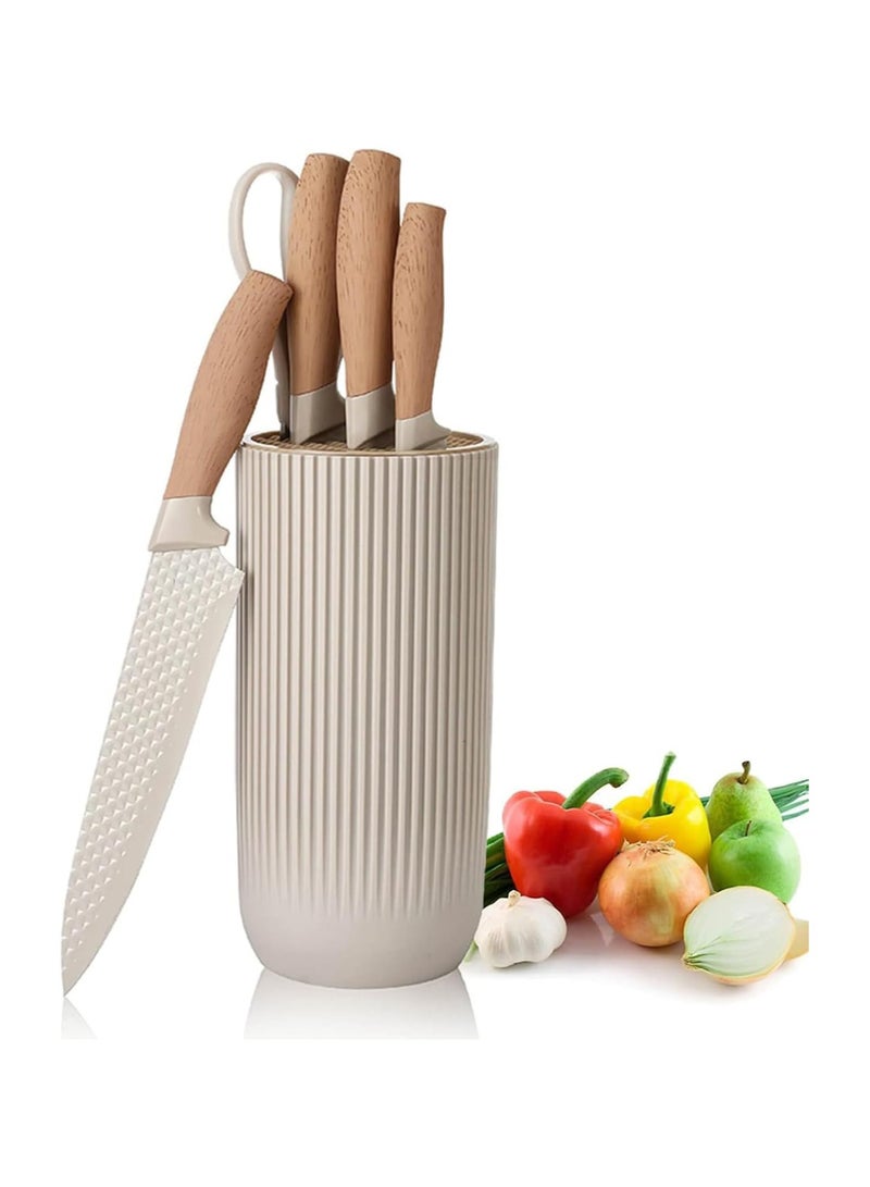 6-Piece Kitchen Knife Set with Universal Knife Block – Sharp Non-Stick Stainless Steel Chef Knives with Non-Slip Handle, Khaki Color Kitchen Cutlery Set for Home, Restaurant, and Cooking Enthusiasts - Image 1