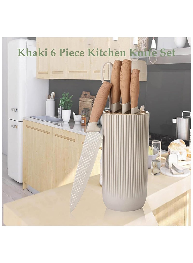 6-Piece Kitchen Knife Set with Universal Knife Block – Sharp Non-Stick Stainless Steel Chef Knives with Non-Slip Handle, Khaki Color Kitchen Cutlery Set for Home, Restaurant, and Cooking Enthusiasts - Image 5