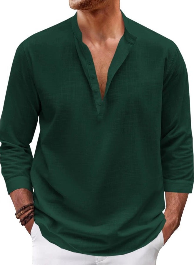 Karlywindow Mens Linen Henley Shirts Long Sleeve Hippie Yoga Summer Beach Casual Henleys T-Shirt Green, Green, XL - Image 1