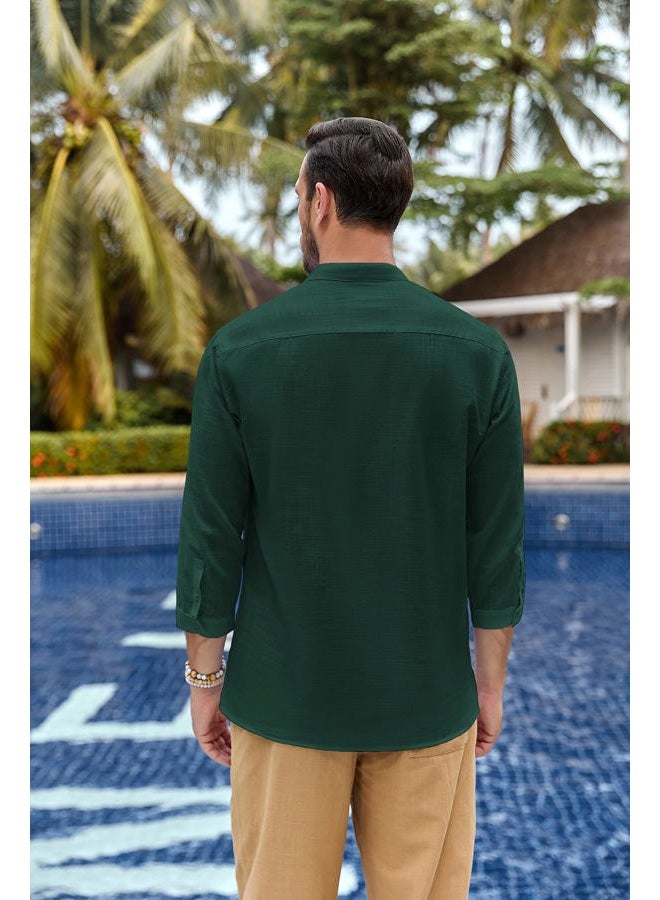 Karlywindow Mens Linen Henley Shirts Long Sleeve Hippie Yoga Summer Beach Casual Henleys T-Shirt Green, Green, XL - Image 4