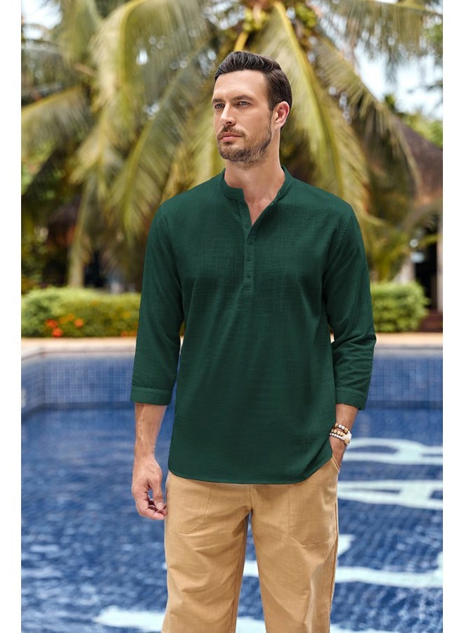 Karlywindow Mens Linen Henley Shirts Long Sleeve Hippie Yoga Summer Beach Casual Henleys T-Shirt Green, Green, XL - Image 2