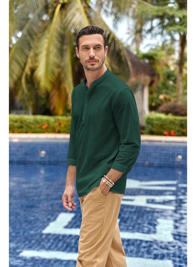 Karlywindow Mens Linen Henley Shirts Long Sleeve Hippie Yoga Summer Beach Casual Henleys T-Shirt Green, Green, XL - Image 3