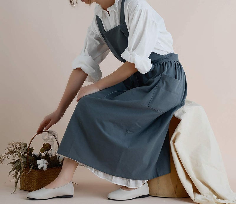 losofar Cotton Pleated Apron Retro Waterdrop Proof Garden Cleaning Pinafore Dress (green, 103cmx86cm) - Image 5
