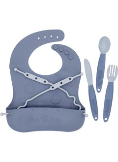 Busy Baby BUSY BABY Bungee Bib & Utensils Bundle | Silicone Bib for Babies & Toddlers with Tethers to Attach Utensils and Keep Them Off The Floor | Dishwasher Safe, BPA Free  - Image 1