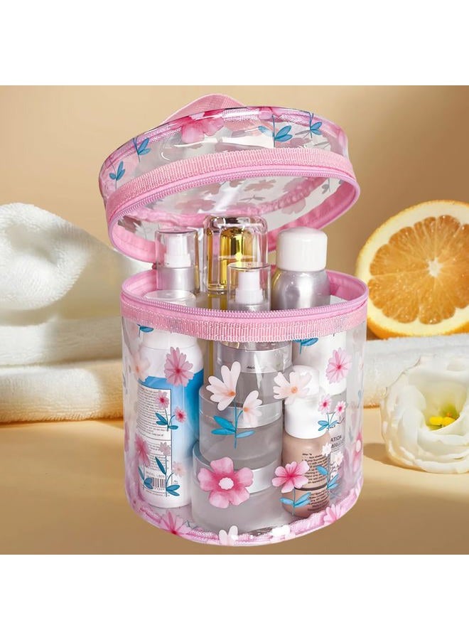 TotePrint Printed Flowers Clear Cylinder Travel Makeup Bag,Portable Waterproof Pouch with Handle Ideal for Women and Girl (Pink Floral 2) - Image 2