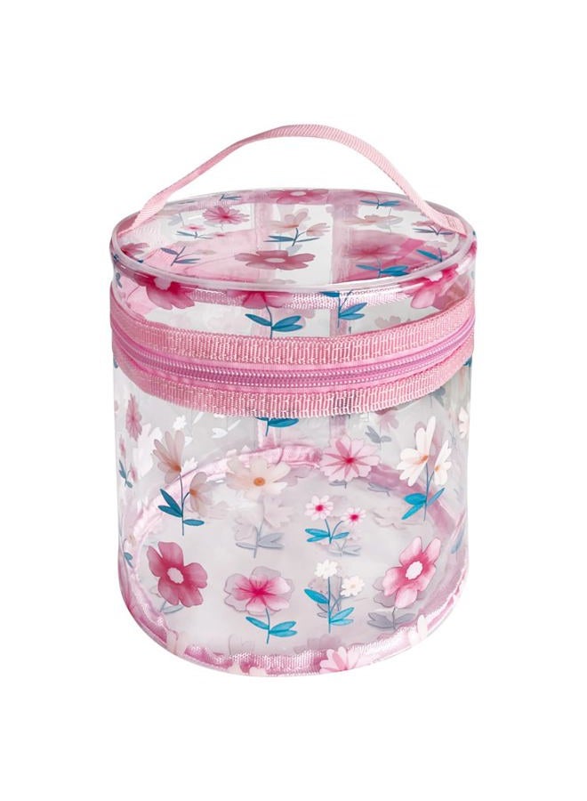 TotePrint Printed Flowers Clear Cylinder Travel Makeup Bag,Portable Waterproof Pouch with Handle Ideal for Women and Girl (Pink Floral 2) - Image 1