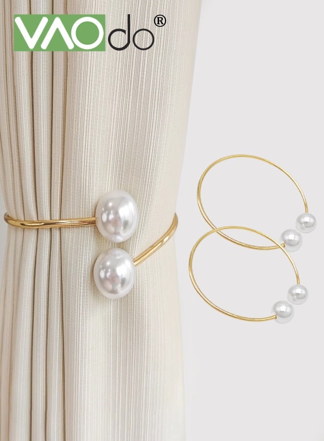 فاو دو 2 قطعة من وصلات الستائر المعدنية، وصلات الستائر المزينة باللؤلؤ، ديكور المنزل، وصلات ستائر قابلة للتعديل بنمط حديث للمنزل والمكتب والفنادق - ذهبي. - Image 1