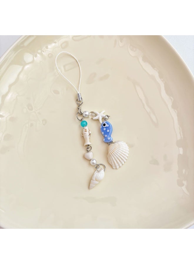 NIBEMINENT Beaded Phone Lanyard, Anti Lost Removable Wrist Strap, Shellfish And Small Fish Bracelet Pendant, Phone Keychain Lanyard