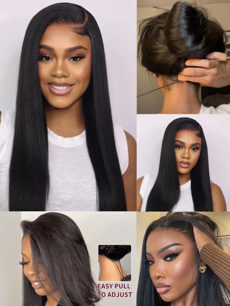 UNICE Bye Bye Knots Wig Yaki Straight 7x5 Pre Cut HD Lace Front Wigs Human Hair with Elastic Drawstring Glueless Wig Human Hair Pre Plucked Bleached Knots Natural Hairline 150% Density 16 inches - Image 2