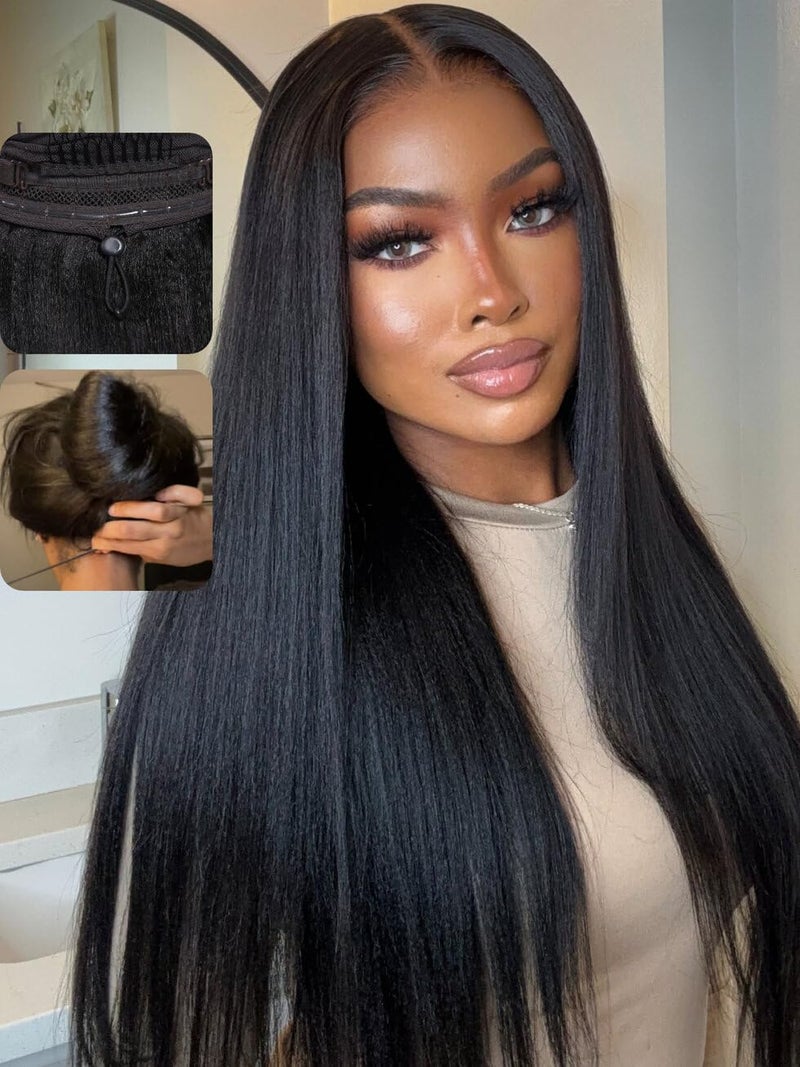 UNICE Bye Bye Knots Wig Yaki Straight 7x5 Pre Cut HD Lace Front Wigs Human Hair with Elastic Drawstring Glueless Wig Human Hair Pre Plucked Bleached Knots Natural Hairline 150% Density 16 inches - Image 1