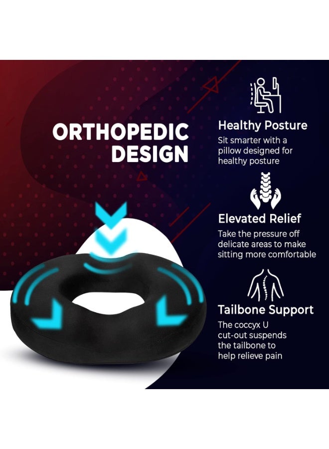 وسادة مقعد على شكل دونات بتصميم تقويمي | وسادة من إسفنج الذاكرة لعظم الذنب والعصعص | لتخفيف الألم والضغط الناتج عن البواسير، والحمل، وبعد الولادة، والجراحة، وعرق النسا (أسود) - Image 2