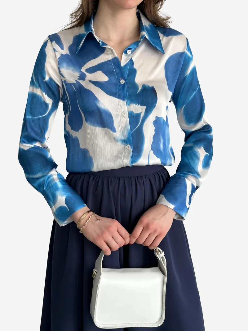 My Fashion Cerulean Blue MY FASHION Textured Abstract Print Button-Up Shirt for Women | Best Price UAE