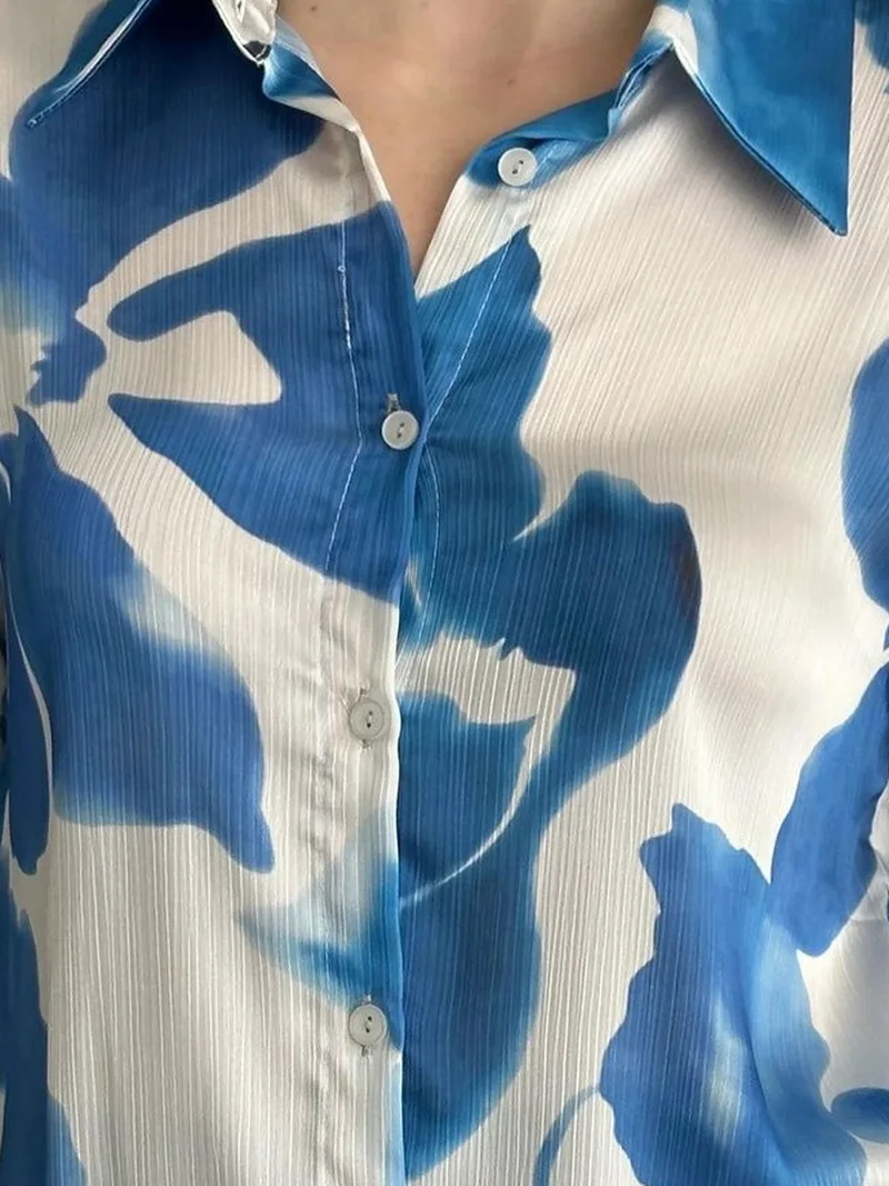 My Fashion Cerulean Blue MY FASHION Textured Abstract Print Button-Up Shirt for Women | Best Price UAE