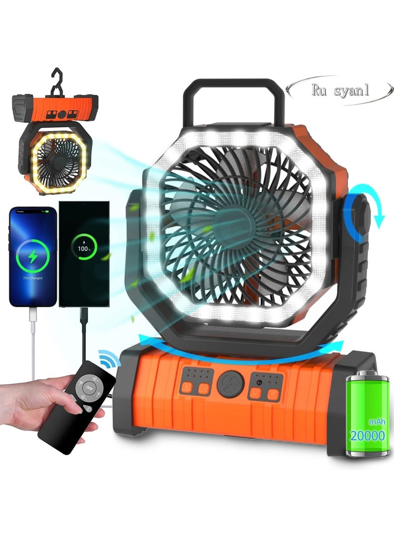 Ru syanl Camping Battery Operated Powered Fan with LED Lantern Light - 20000mAh Rechargeable Portable Oscillating Fan with 360° Rotation Hanging Hook for Tents Cordless USB Desk Fan - Image 1