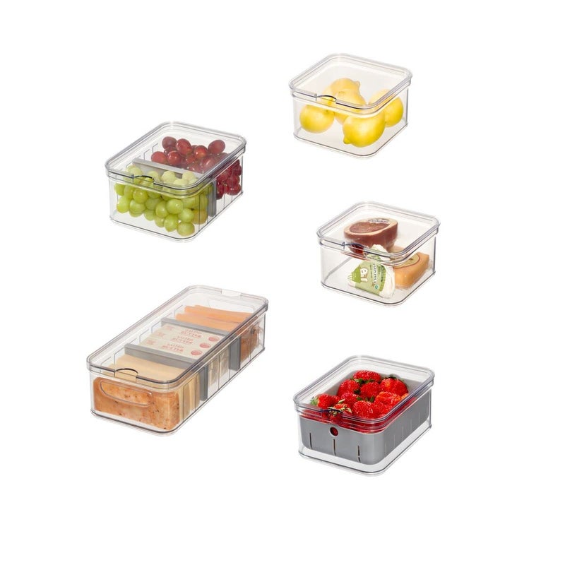 iDesign Crisp 5Piece Recycled Plastic Refrigerator Organizer Bin Set with Lids ClearGray