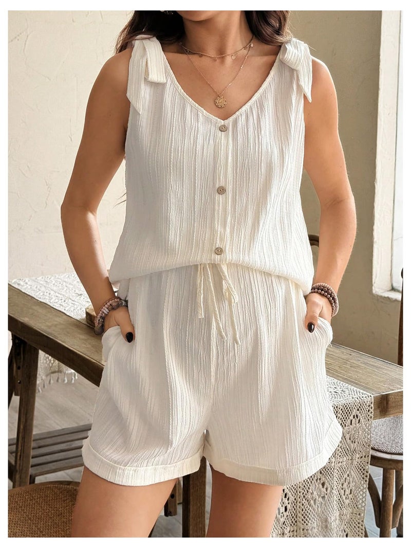 MakeMeChic Women's Maternity Clothes Bow V Neck Button Sleeveless Tank and Shorts Pregnancy Outfit Set Apricot Small - Image 5