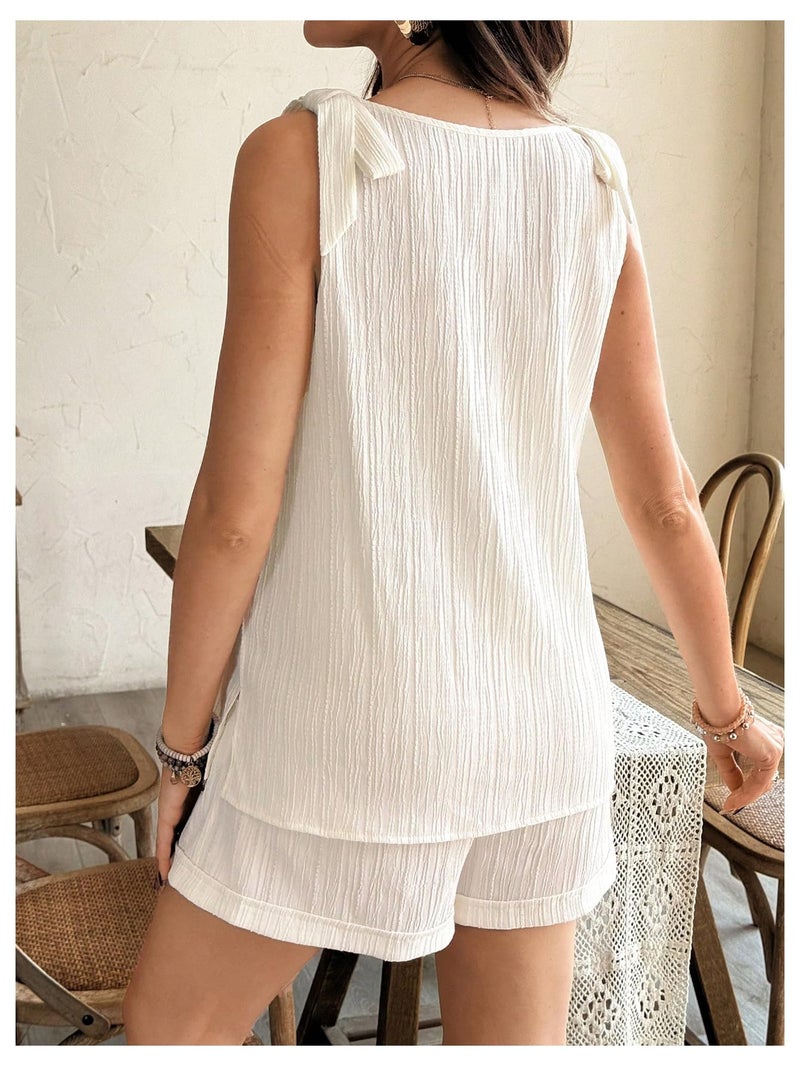 MakeMeChic Women's Maternity Clothes Bow V Neck Button Sleeveless Tank and Shorts Pregnancy Outfit Set Apricot Small - Image 2