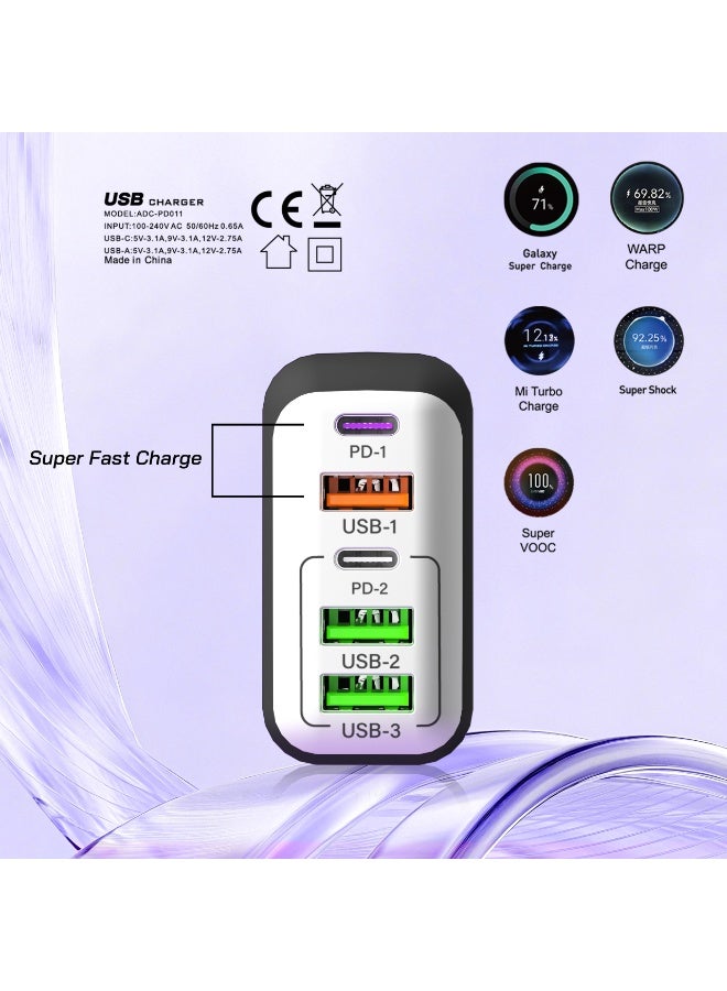 Alyashmac 200W UK 5 Ports Multifunctional Super Fast Charger Adapter Mobile Phone Wall Charger Travel Power Adapter White - Image 5