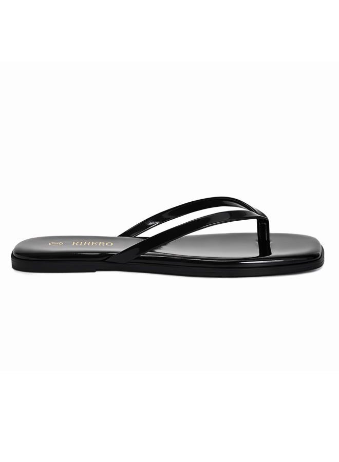 Rihero Flip Flops for Women Comfortable Square Toe Beach Sandals Slip On Leather Thong Flat Sandals Dressy, Black Patent, 8 - Image 4