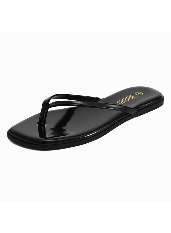 Rihero Flip Flops for Women Comfortable Square Toe Beach Sandals Slip On Leather Thong Flat Sandals Dressy, Black Patent, 8 - Image 1