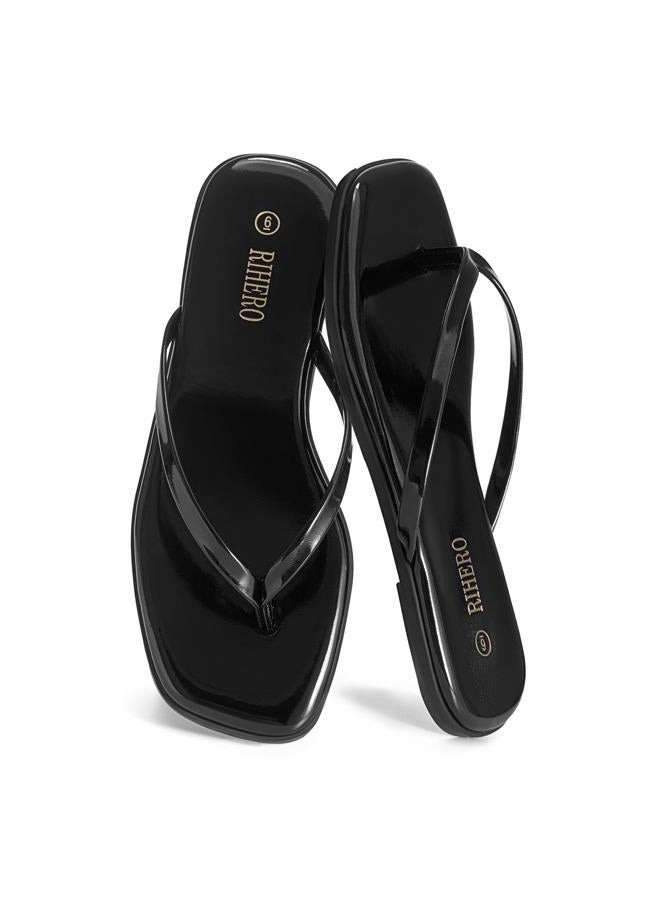 Rihero Flip Flops for Women Comfortable Square Toe Beach Sandals Slip On Leather Thong Flat Sandals Dressy, Black Patent, 8 - Image 5