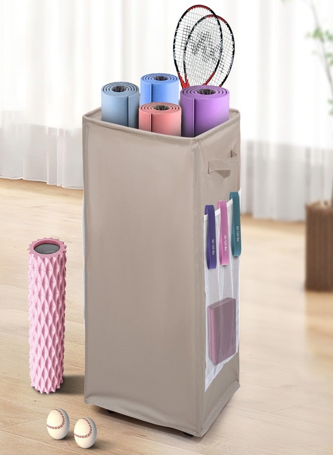 wymulot Yoga Mat Storage Racks, Home Gym Storage Rack with Wheels, Yoga Mat Holder Side 2 Mesh Pockets, Yoga Storage Basket Holds 4 Yoga Mats, 2 Foam Rollers, 6 Resistance Bands (Khaki) - Image 1