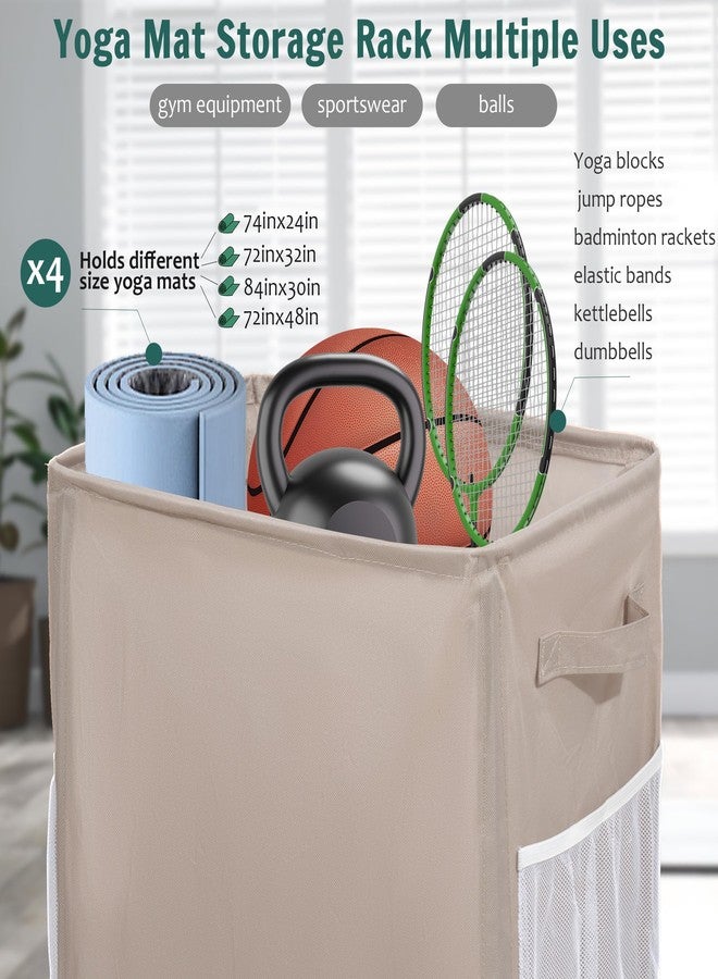 wymulot Yoga Mat Storage Racks, Home Gym Storage Rack with Wheels, Yoga Mat Holder Side 2 Mesh Pockets, Yoga Storage Basket Holds 4 Yoga Mats, 2 Foam Rollers, 6 Resistance Bands (Khaki) - Image 3