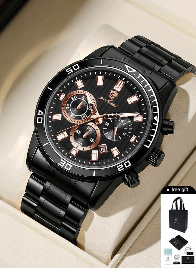 GOHUOS Men's Watches, Top Brand Luxury Stainless steel Analog Waterproof  Chronograph Luminous Casual Quartz Sports Wrist Watch Father& Boyfriend Gift - 44mm - Image 1