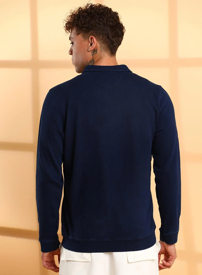 كامبوس سوترا Men's Navy Blue Zip-Front Dark-Wash Denim Jacket