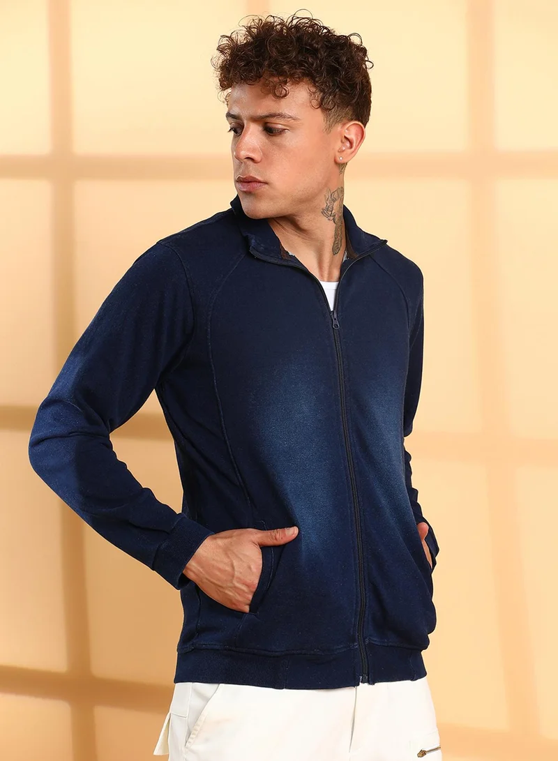 كامبوس سوترا Men's Navy Blue Zip-Front Dark-Wash Denim Jacket