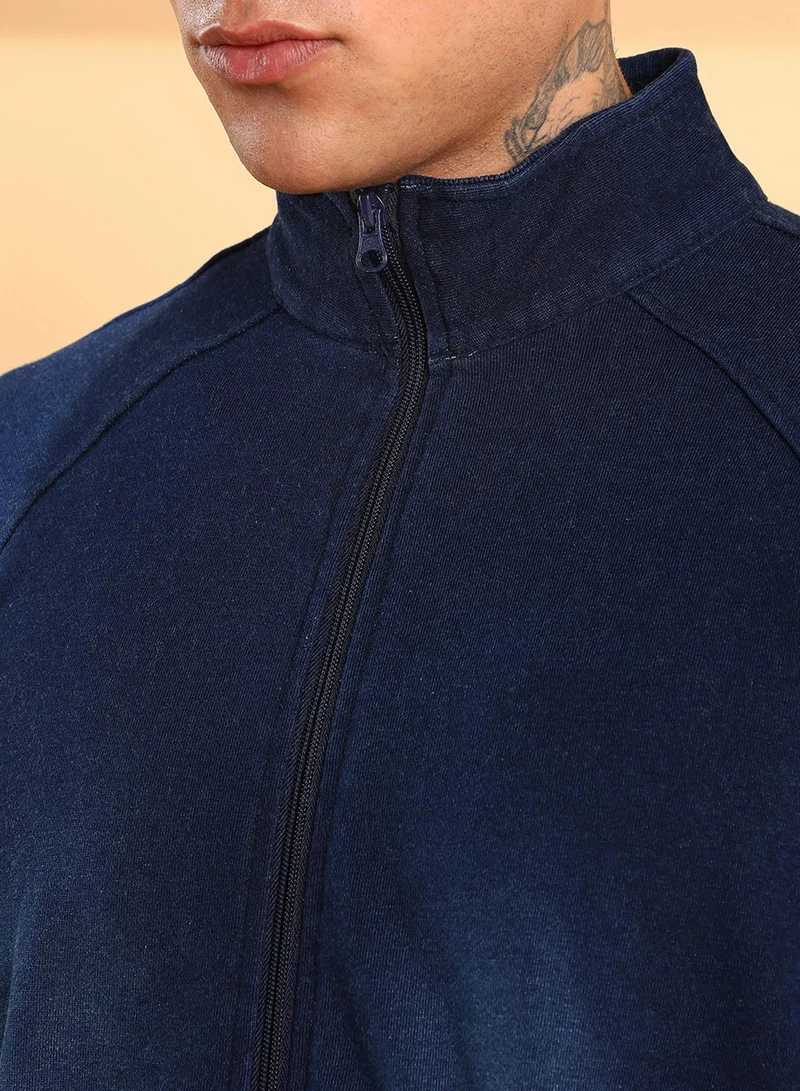 كامبوس سوترا Men's Navy Blue Zip-Front Dark-Wash Denim Jacket