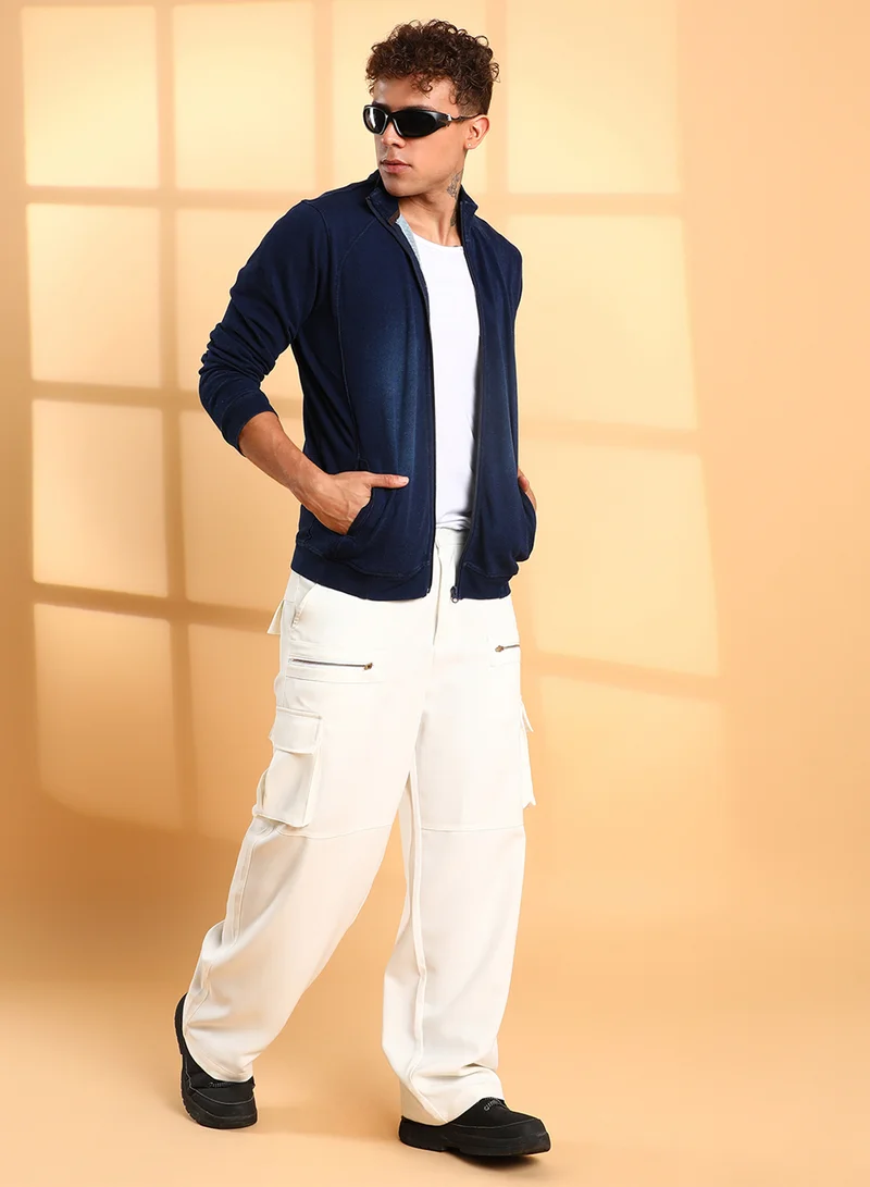 كامبوس سوترا Men's Navy Blue Zip-Front Dark-Wash Denim Jacket