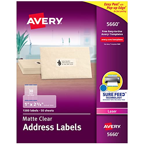 Avery Printable Address Labels Sure Feed Technology 1 x 258 Matte Clear Laser Printable 1500 Blank Mailing Labels 5660