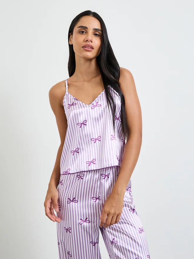 Take Two Purple Bow Striped Print Satin Cami and Pyjama Set