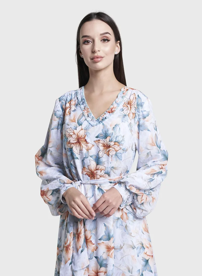 كشخة Light Blue Floral Print Stone Work Georgette Long Dress (VW364)