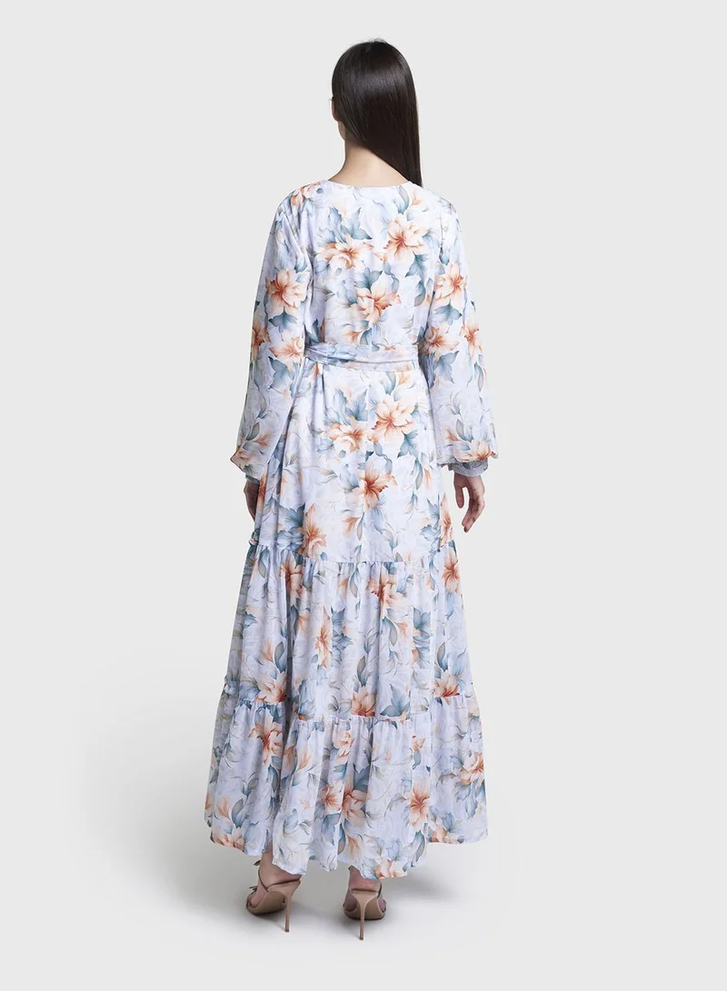 Kashkha  Light Blue Floral Print Stone Work Georgette Long Dress (VW364) for Women | Best Price UAE