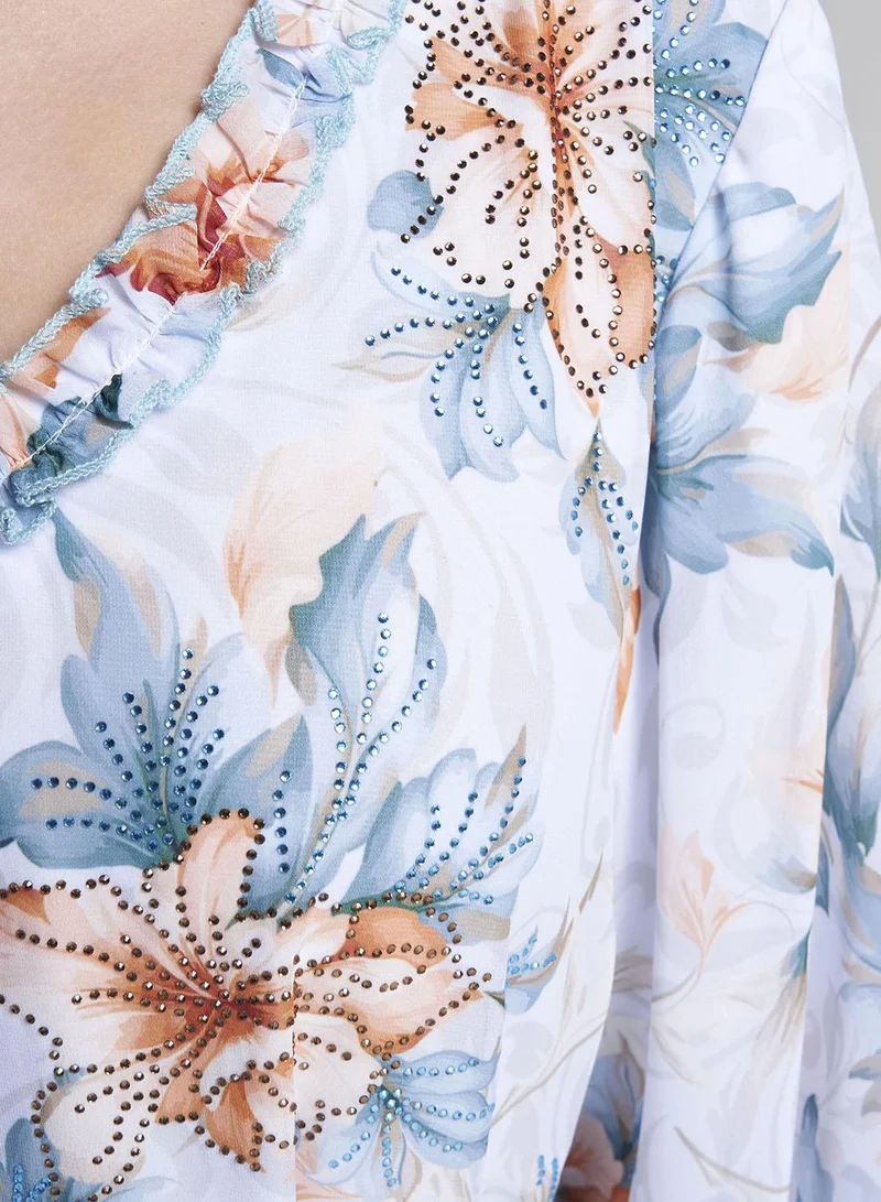 Kashkha  Light Blue Floral Print Stone Work Georgette Long Dress (VW364) for Women | Best Price UAE