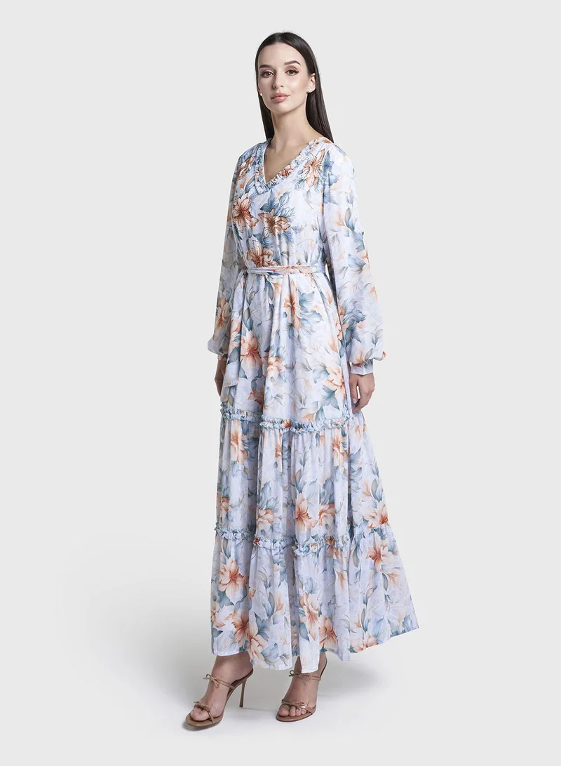 Kashkha  Light Blue Floral Print Stone Work Georgette Long Dress (VW364) for Women | Best Price UAE