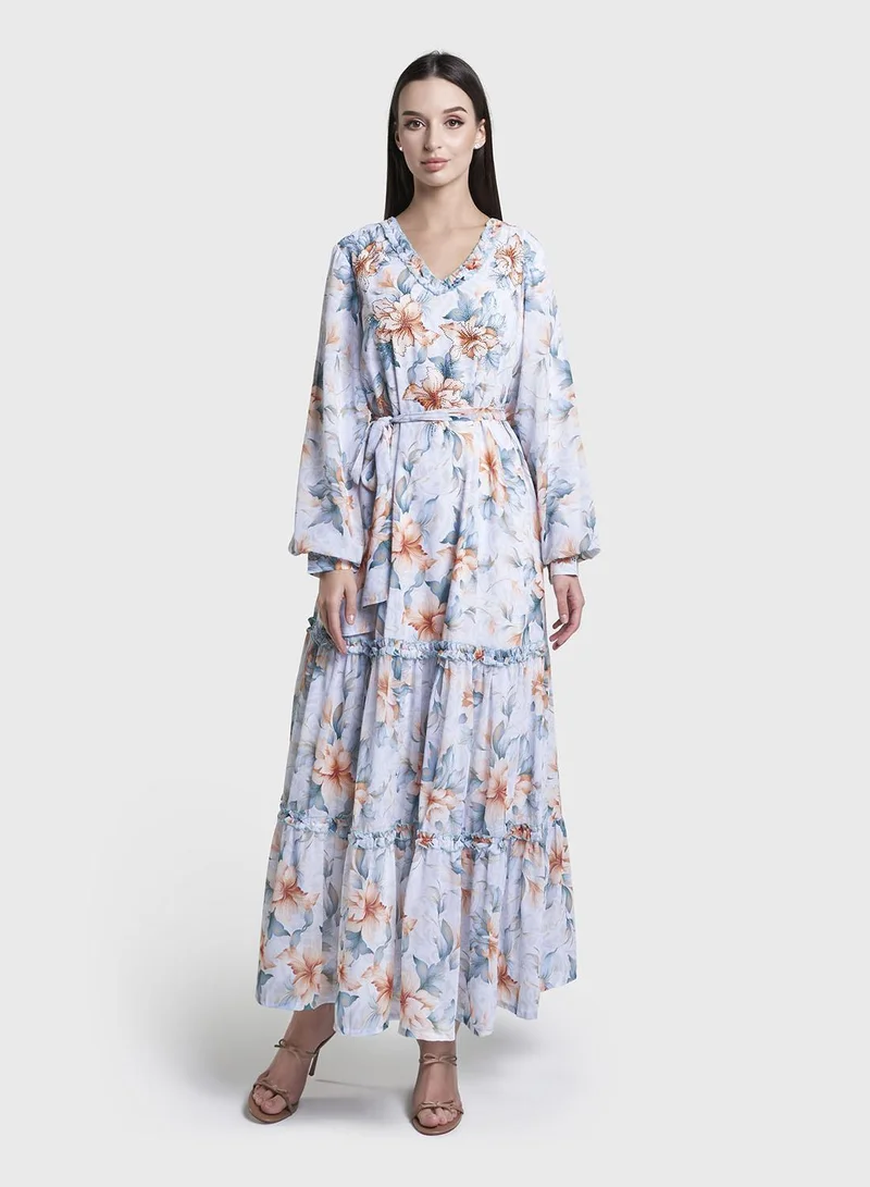 كشخة Light Blue Floral Print Stone Work Georgette Long Dress (VW364)