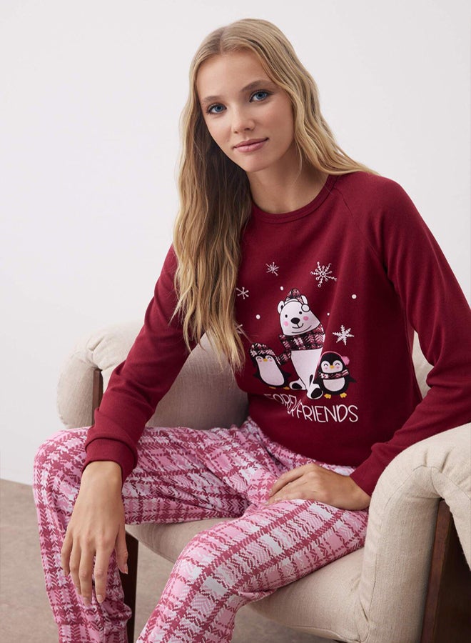 trendyol Plaid Soft Knitted Pajamas Set with Border Teddy Bear and Penguin Print - Image 2