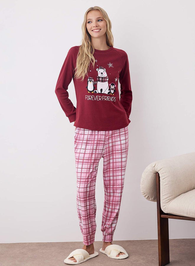 trendyol Plaid Soft Knitted Pajamas Set with Border Teddy Bear and Penguin Print - Image 1