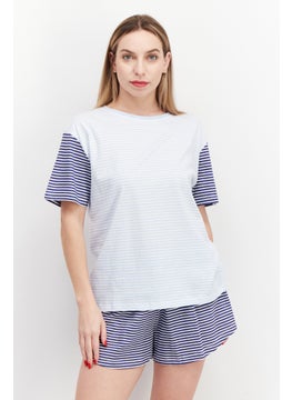 NAUTICA Women Stripe Short Sleeves Pajama Set, Blue Combo  - Image 1