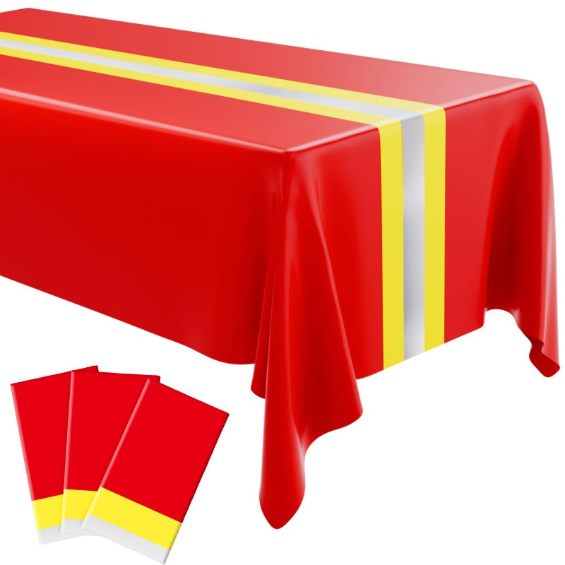 Oudain 3 Pcs Fire Fighting Tablecloth 54"x108" Table Runner Cover Disposable Plastic Rectangle Tablecloths for Firefighter Construction Road Racing Track Car Birthday Party Decoration Supplies(Red) - Image 1
