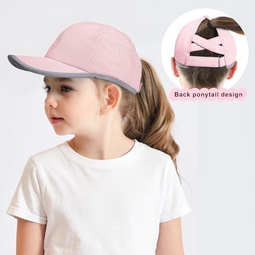 Peninpha Girls Criss Cross Ponytail Baseball Cap Reflective Quick Dry Hat Kids Cooling Mesh Sports Hat High Messy Bun Ponycap for Age 3-12,Pink - Image 4