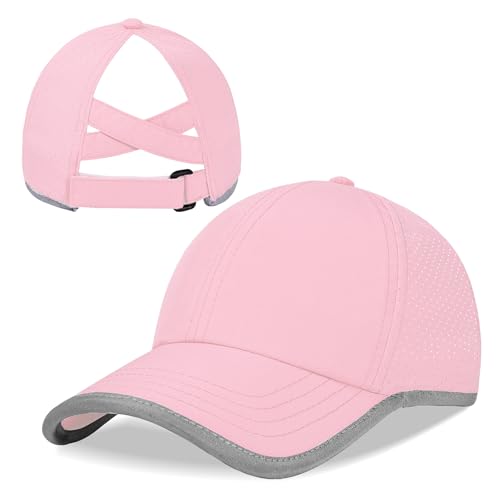 Peninpha Girls Criss Cross Ponytail Baseball Cap Reflective Quick Dry Hat Kids Cooling Mesh Sports Hat High Messy Bun Ponycap for Age 3-12,Pink - Image 1