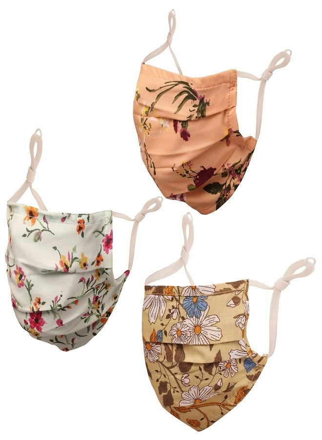 Touchstone anti pollution smog smoke cold cough protective cotton face mask Floral Fabric Adjustable filter pocket nose bridge 2 layer reusable washable for men, women (Pack of 3). Peach Blue Beige - Image 1